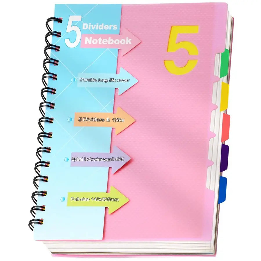 5 Subject Notebook College Ruled, Small Spiral Notebook 5x7 with Divider Tabs, A5 Spiral Notebooks for Women, 240 Pages Spiral N